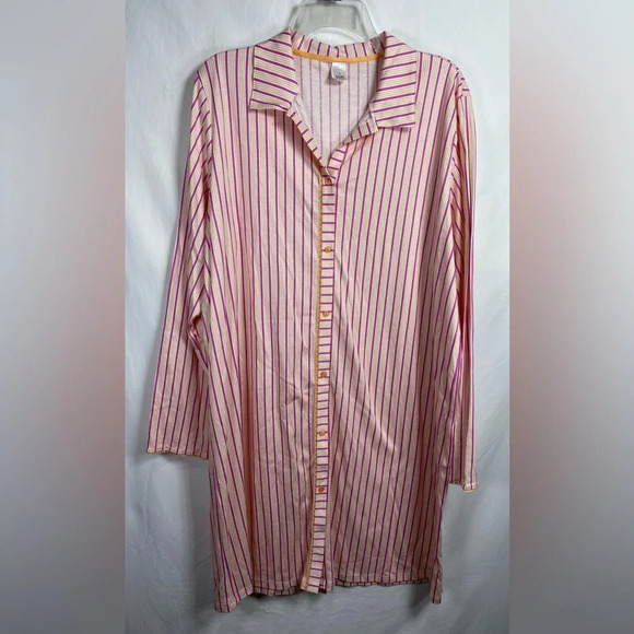 Calida Pink & Orange Striped, Button Front Long Sleeve Woman’s Large Night Shirt - Picture 1 of 11